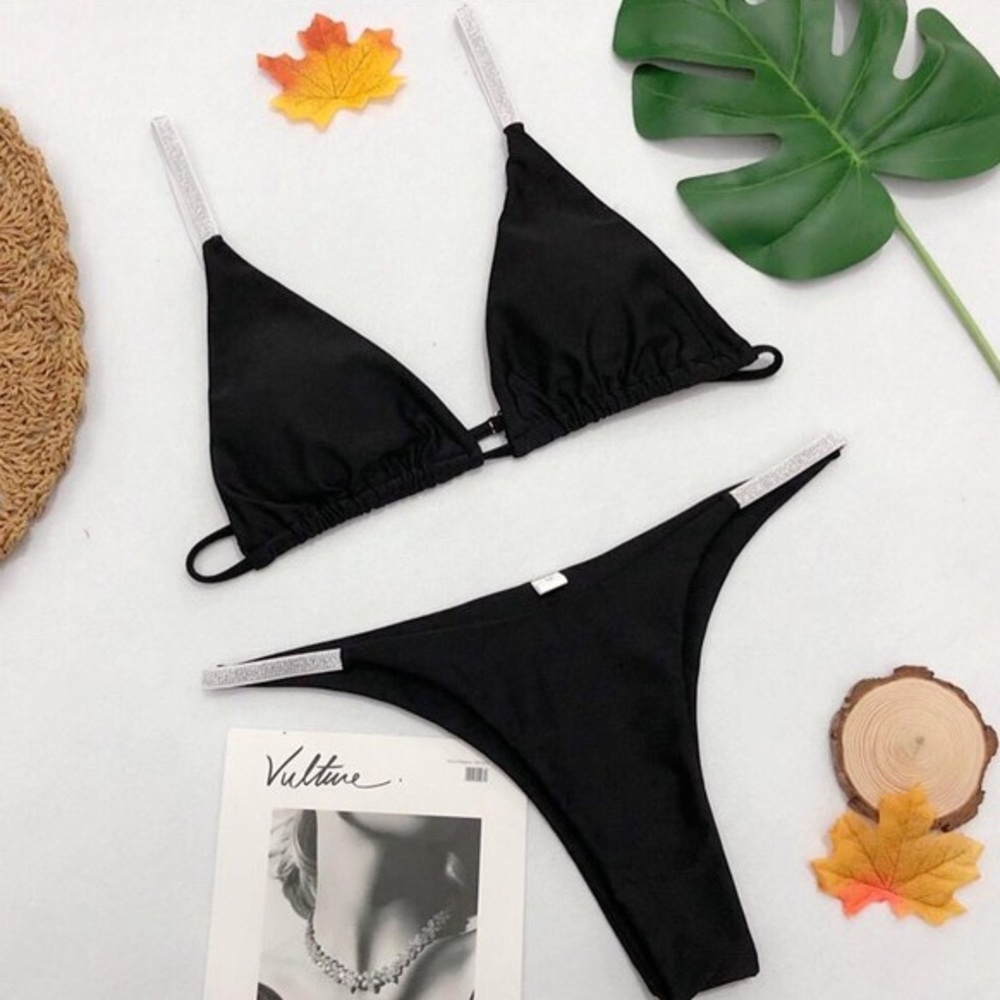 Black Embellished Straps Triangle Bikini